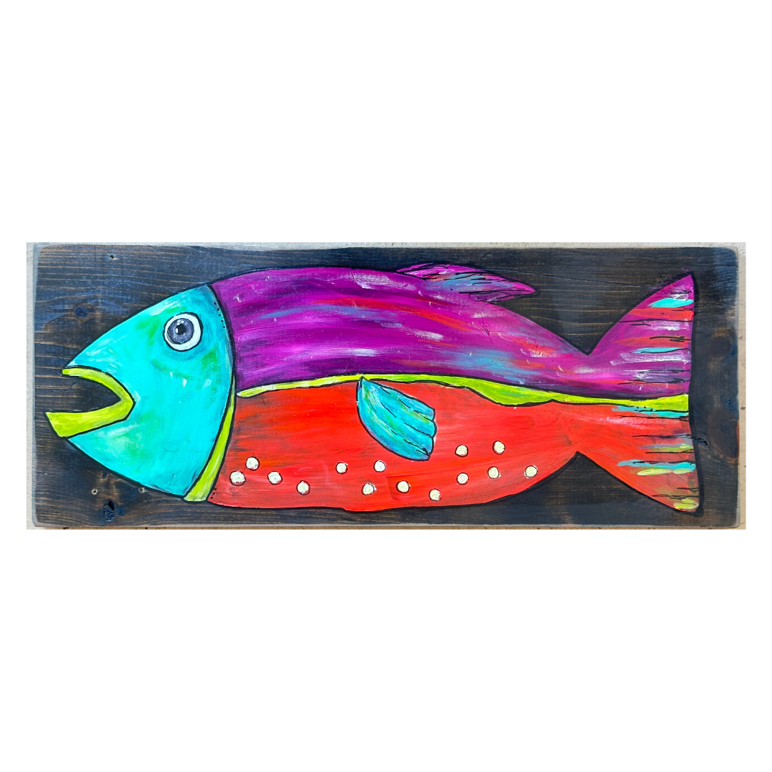 Penny- 1 of a kind, brilliant, bright, bold painted fish on black stained reclaimed hardwood, perfect for your lake life or coastal decor.
