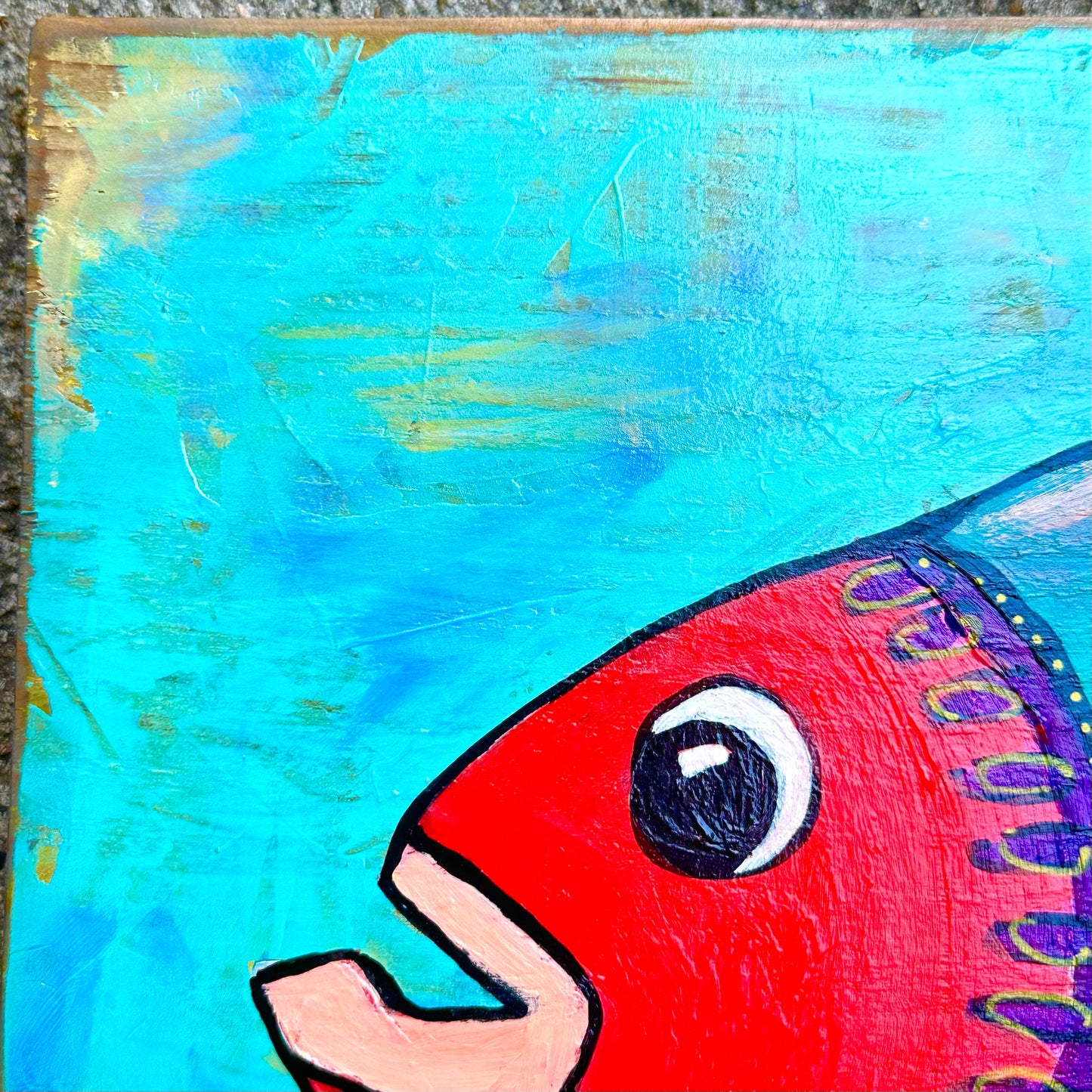 Stella-Painted fish on reclaimed hardwood, perfect for your lake life or coastal decor. Bright bold colors stand out on the stained wood.