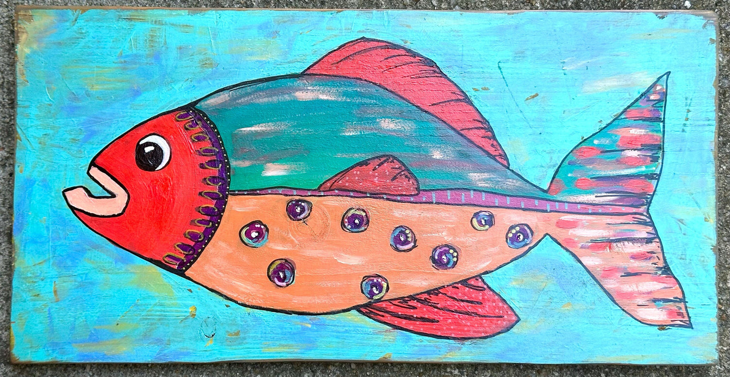 Stella-Painted fish on reclaimed hardwood, perfect for your lake life or coastal decor. Bright bold colors stand out on the stained wood.