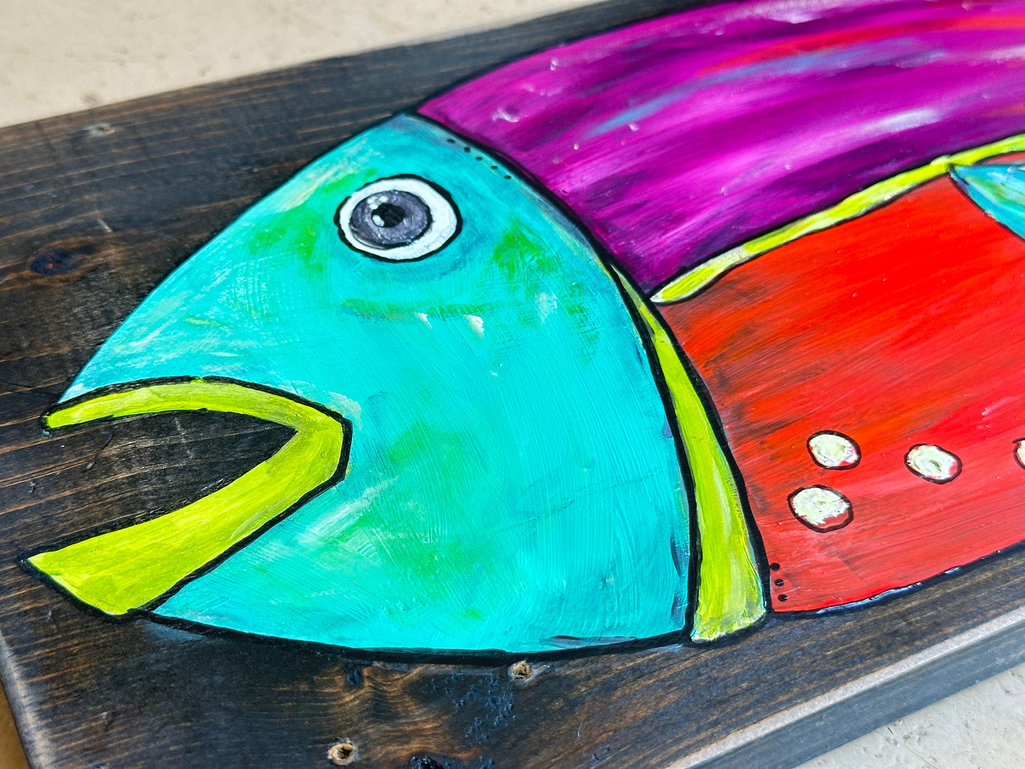 Penny- 1 of a kind, brilliant, bright, bold painted fish on black stained reclaimed hardwood, perfect for your lake life or coastal decor.