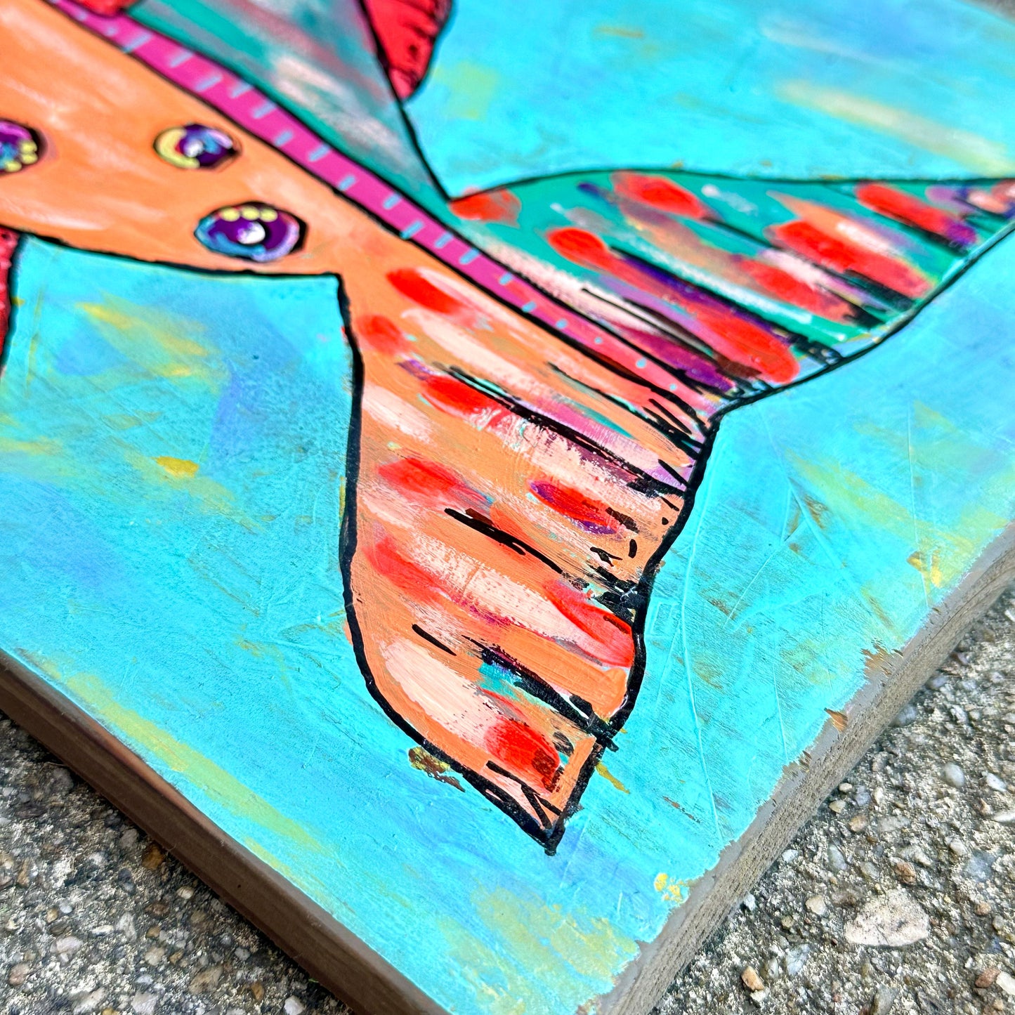Stella-Painted fish on reclaimed hardwood, perfect for your lake life or coastal decor. Bright bold colors stand out on the stained wood.