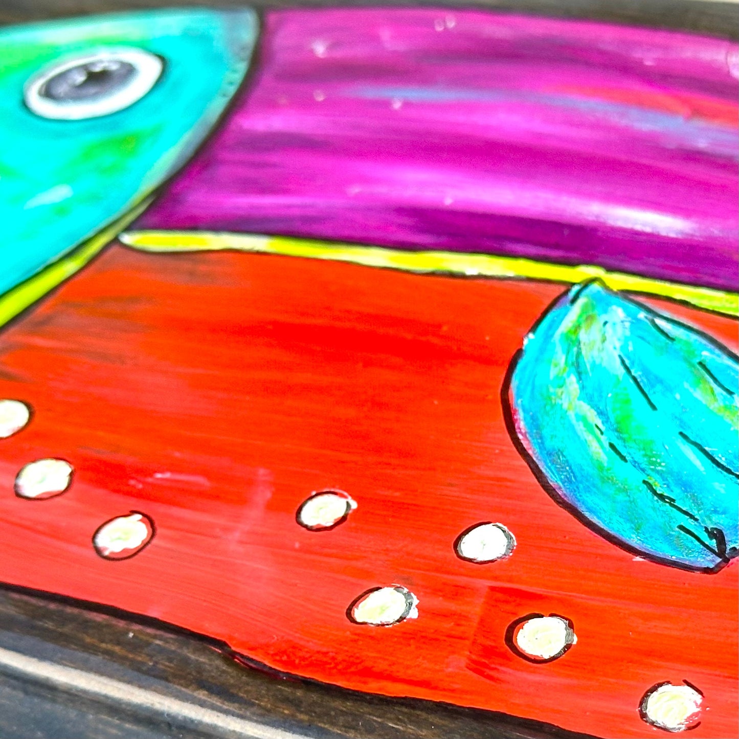 Penny- 1 of a kind, brilliant, bright, bold painted fish on black stained reclaimed hardwood, perfect for your lake life or coastal decor.