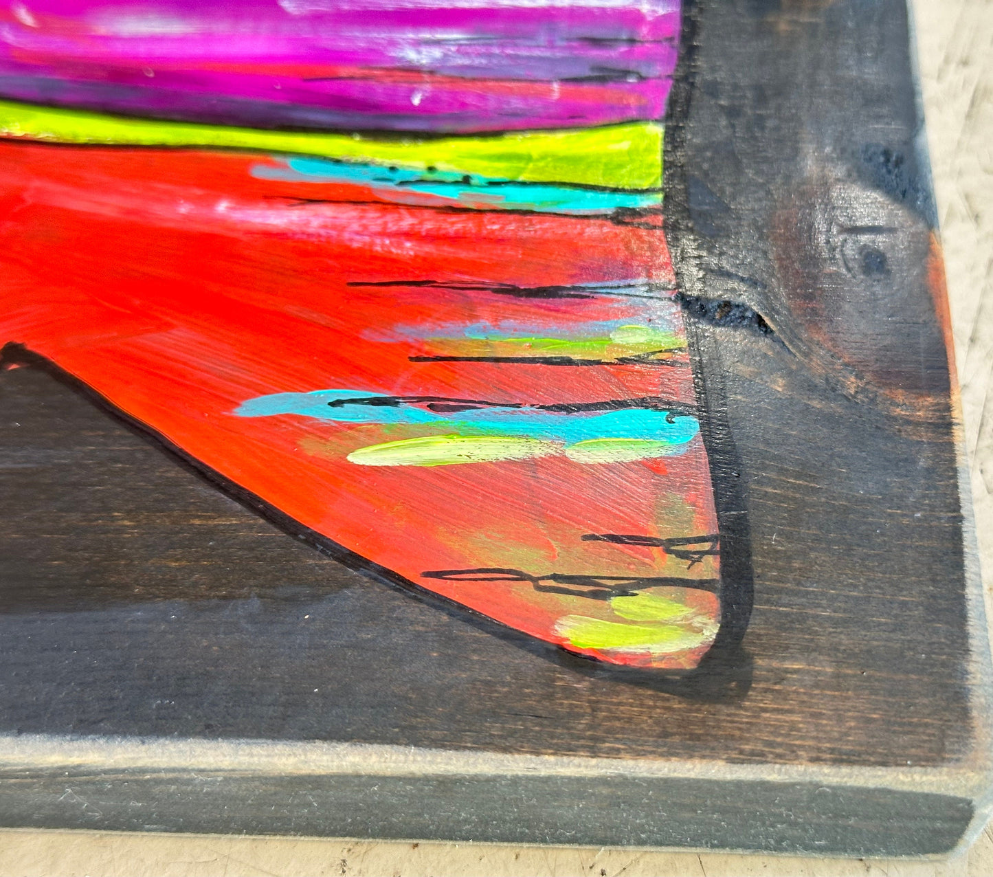 Penny- 1 of a kind, brilliant, bright, bold painted fish on black stained reclaimed hardwood, perfect for your lake life or coastal decor.