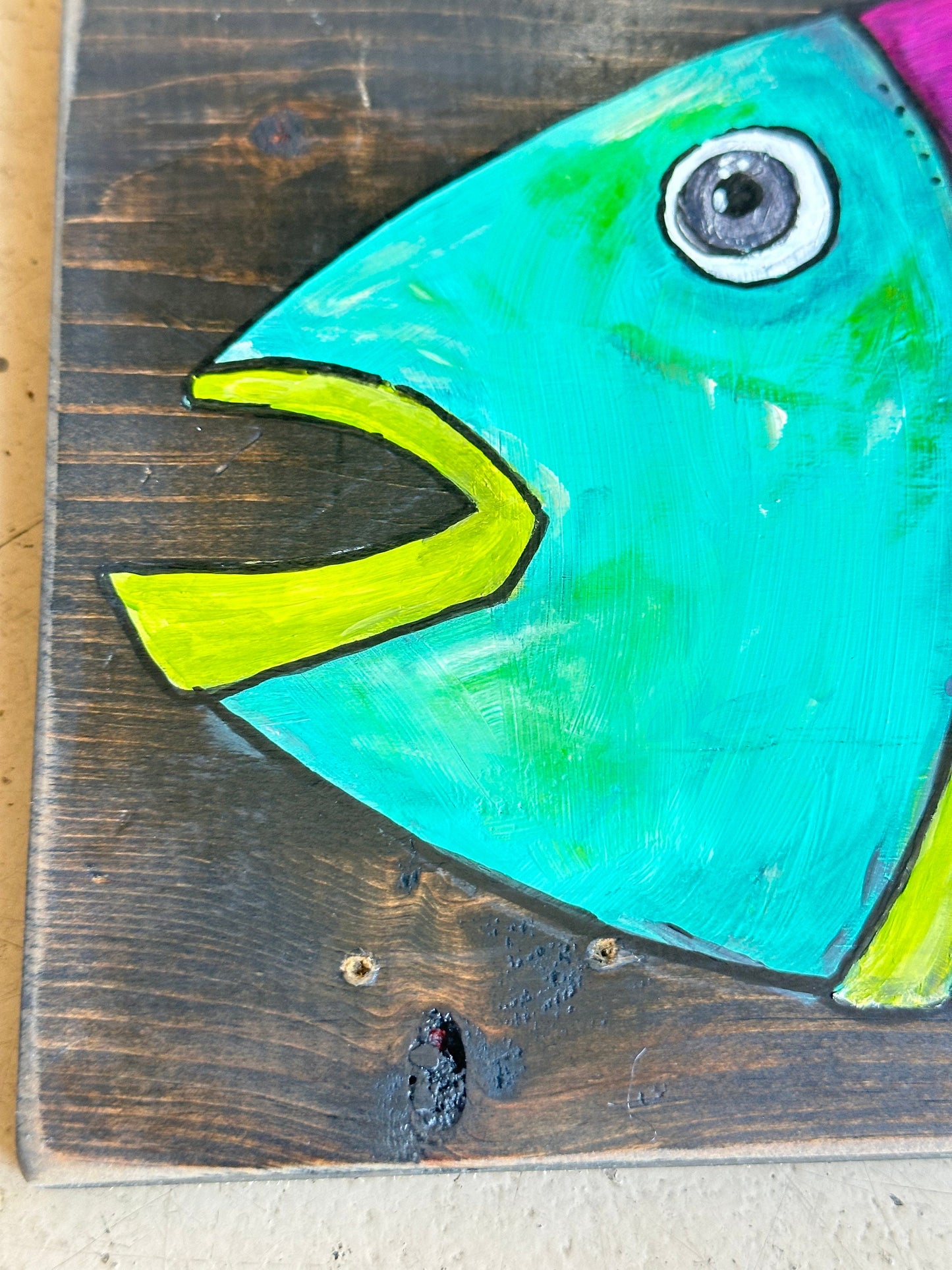 Penny- 1 of a kind, brilliant, bright, bold painted fish on black stained reclaimed hardwood, perfect for your lake life or coastal decor.